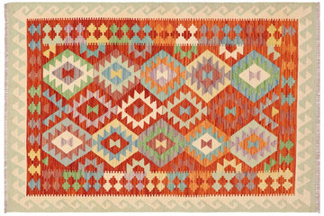 Flat Weave Kilim, Antique, Navaho, Vintage, Handmade, Geometric Kilim Rust Beige Hand-Woven Rectangle 100% Wool Area Rug 4 x 6